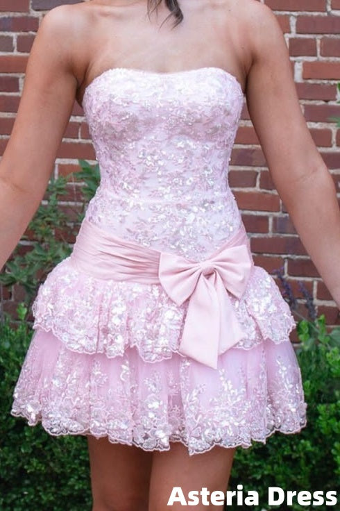 Sweet Pink Applique Lace Homecoming Dress Strapless Ruffle Birthday Party Dresses