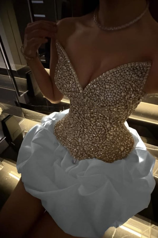 Radiant Sleeveless Rhinestone V-Neck Mini Homecoming Prom Dress With Pleated