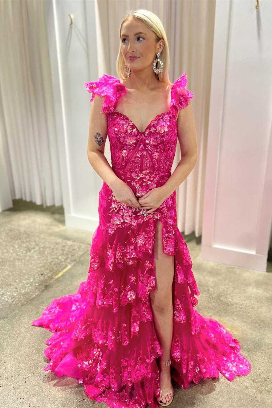 Fuchsia Sequin Mermaid Ruffles Long Formal Dress