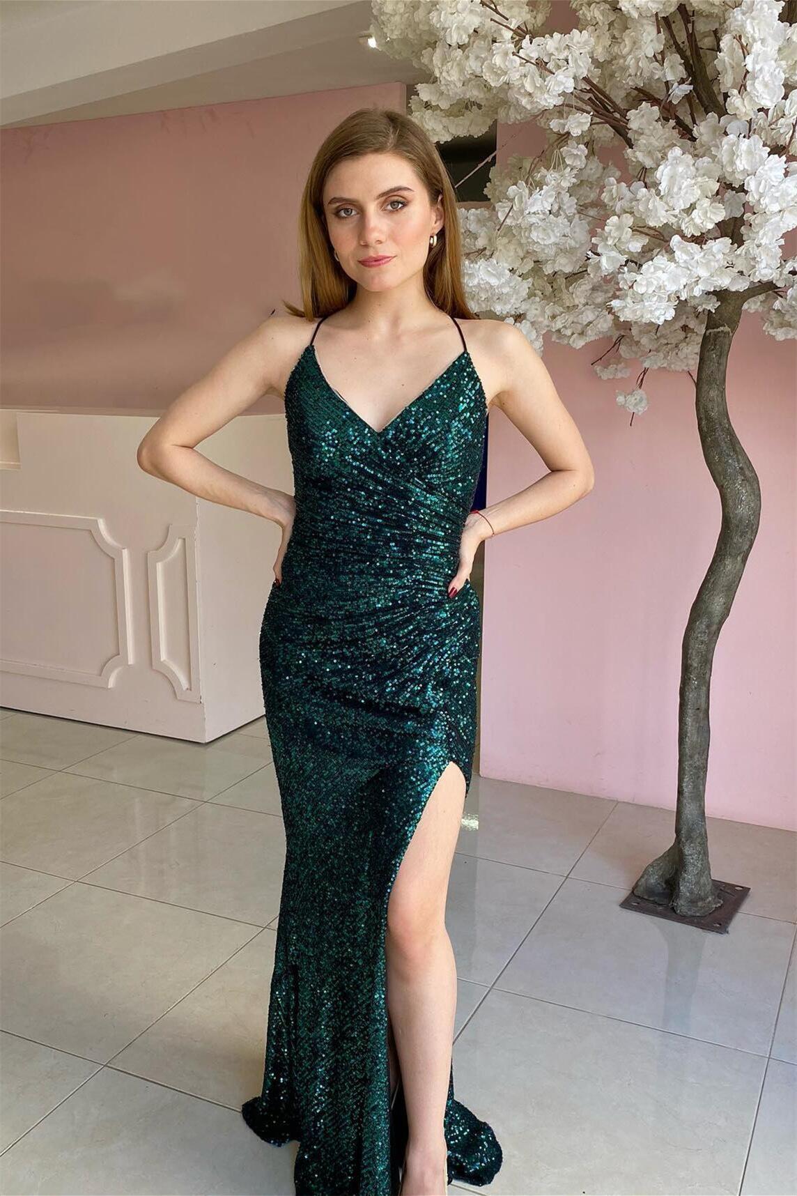 Ruched Fuchsia Sequin Faux Wrap Long Formal Dress