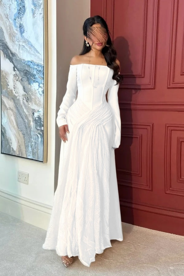 Lovely White Off-the-Shoulder Prom Dress Long Sleeves with Pleated