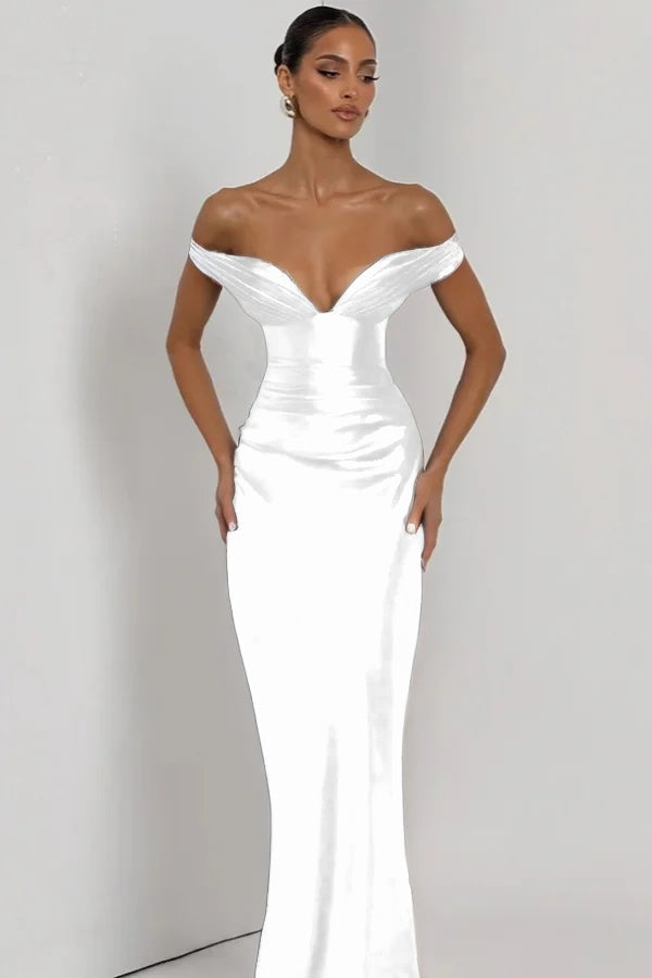 Simple Dark Nvay Off-the-Shoulder Prom Dress Sleeveless Slimming Satin