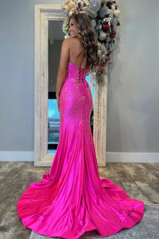 Sparkly Mermaid Sweetheart Hot Pink Satin Long Prom Dresses with Hot Stone Beading