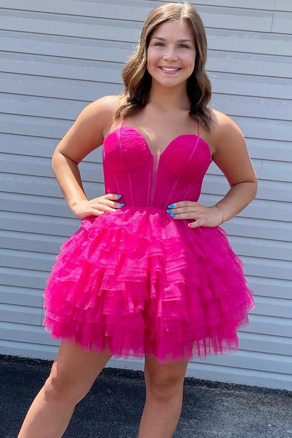 Straps Fuchsia Tulle Ruffle A-line Short Party Dress Homecoming Dress, AST1143