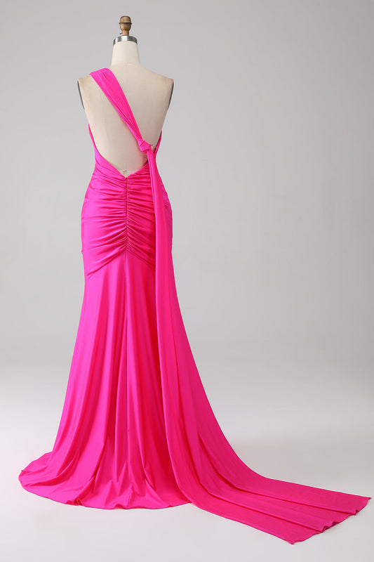 Stunning Fuchsia Asymmetric Sleeveless Train Mermaid Prom Dress