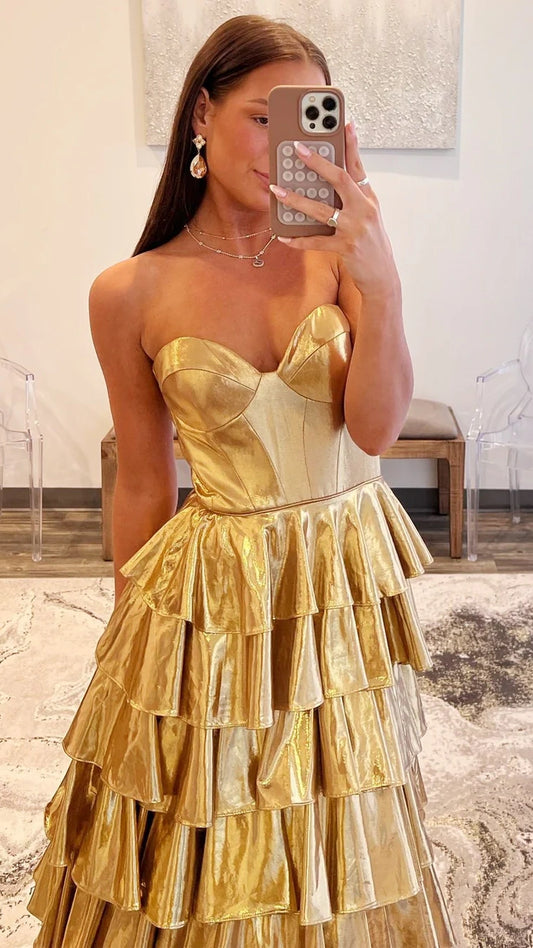 Gold A-Line Metallic Empire-Waist Party Dresses, Sweetheart Ruffle Tiered Long Prom Dress,AST2192