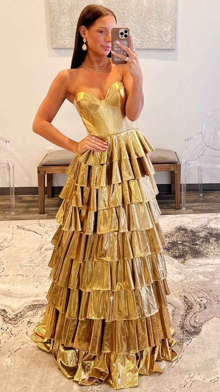 Gold A-Line Metallic Empire-Waist Party Dresses, Sweetheart Ruffle Tie