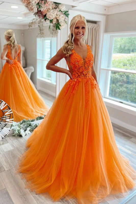 A-Line Tulle Floral Orange Prom Dresses Long Birthday Dress,AST940