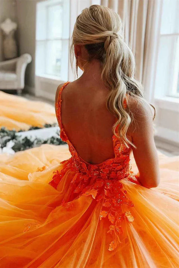 A-Line Tulle Floral Orange Prom Dresses Long Birthday Dress,AST940