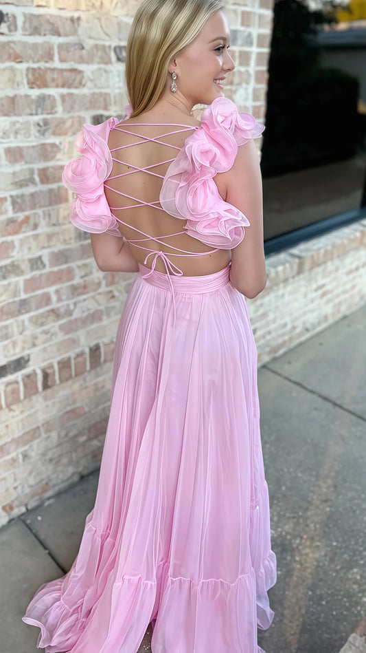 A-Line Orange Prom Dresses With Ruffle Cap Sleeves, V-Neck Senior Prom Dress,AST1647