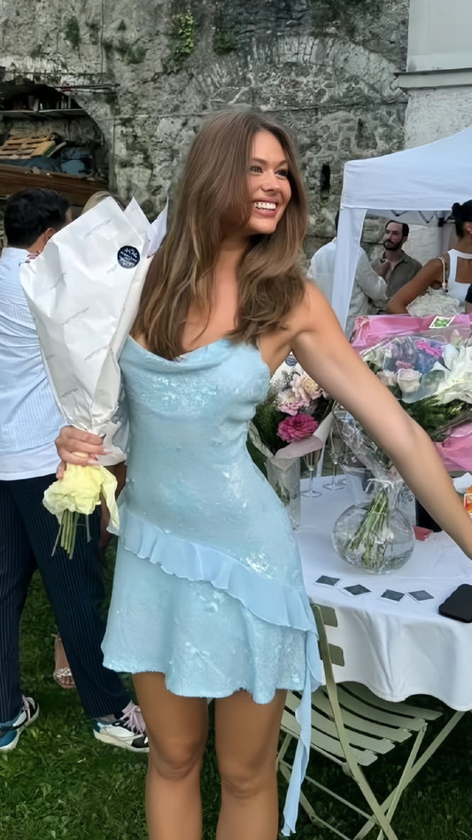 Baby Blue Halter Sequined Homecoming Dress Ruffle V-neck Mini Party Dresses,AST1867