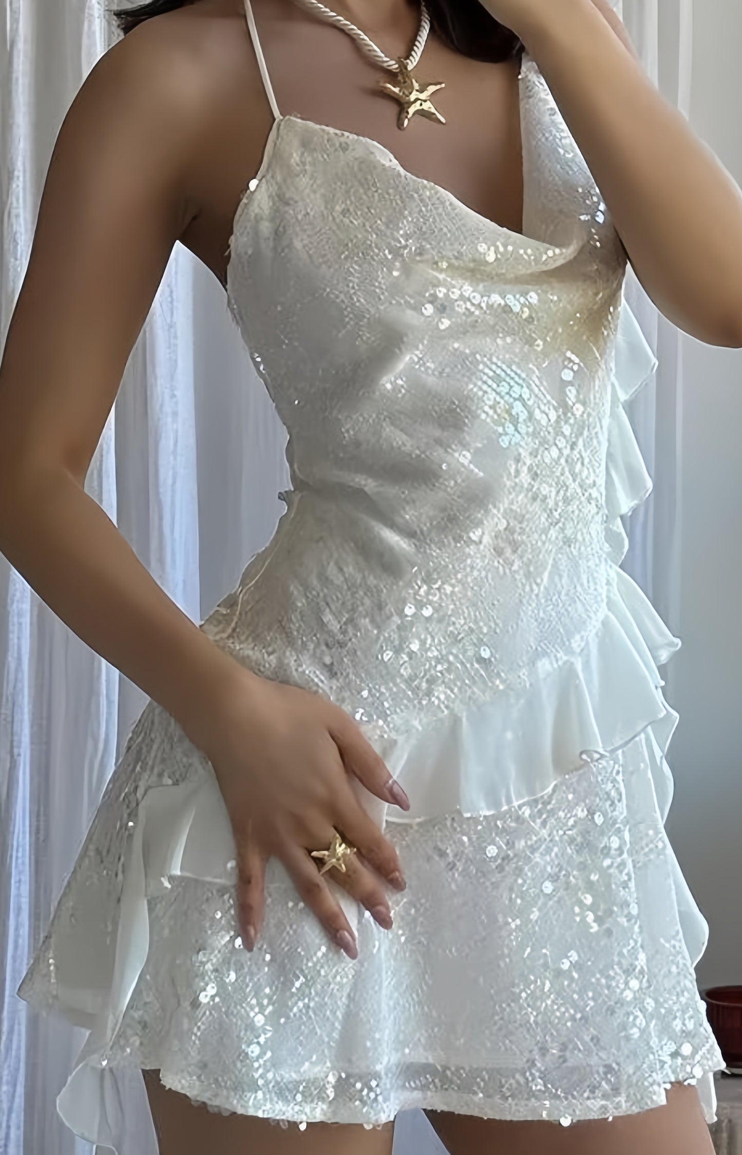 Baby Blue Halter Sequined Homecoming Dress Ruffle V-neck Mini Party Dresses,AST1867