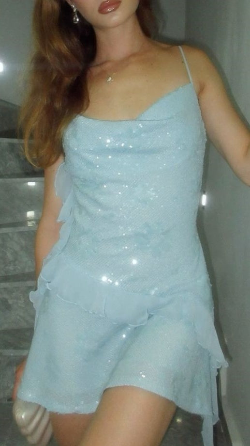 Baby Blue Halter Sequined Homecoming Dress Ruffle V-neck Mini Party Dresses,AST1867