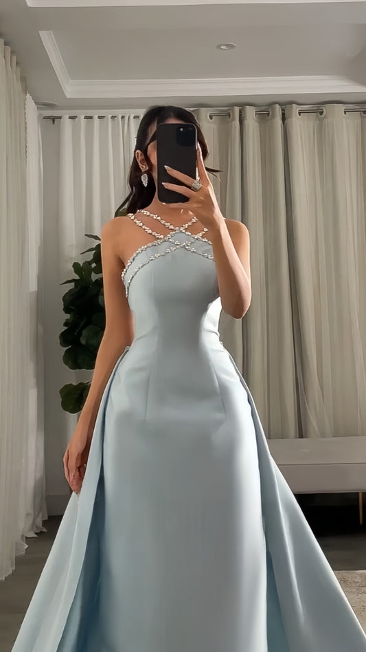 Baby Blue Mermaid Prom Dress With Beaded Neck,AST1711