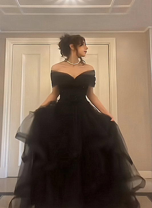 Black A-line Tulle Prom Dresses Off The Shoulder Evening Party Dress,AST2249