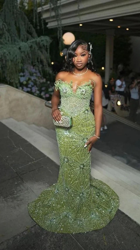 Black Girls Mermaid Prom Dresses Green Sweetheart Evening Party Dress,AST2243