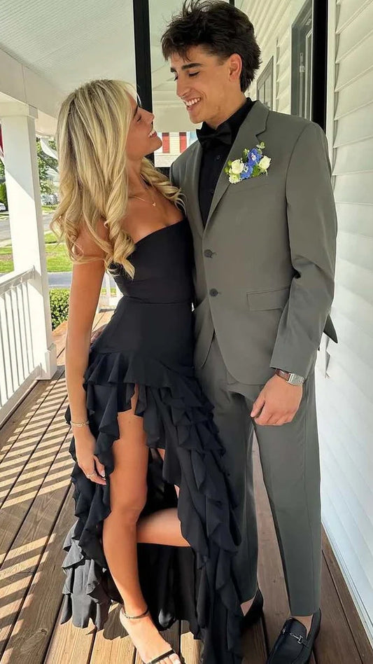Black Strapless Ruffle Prom Dresses Long Slit Party Evening Dress,AST2198