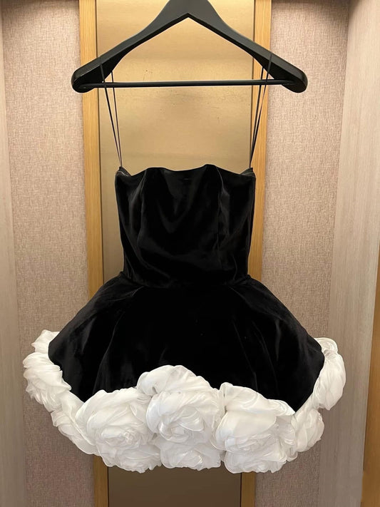 Black Velvet Homecoming Dresses Strapless White Floral Hoco Dress, AST1942