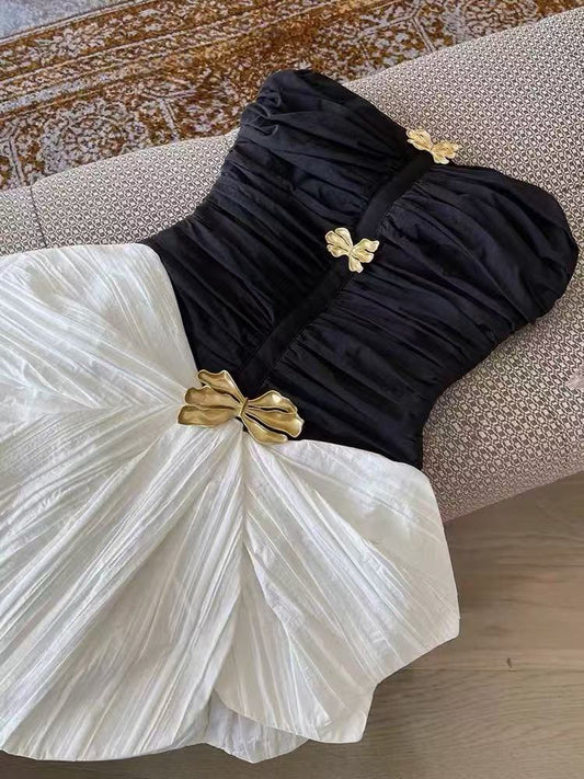 Black White Homecoming Dresses Ruched Strapless Hoco Party Gown, AST1987