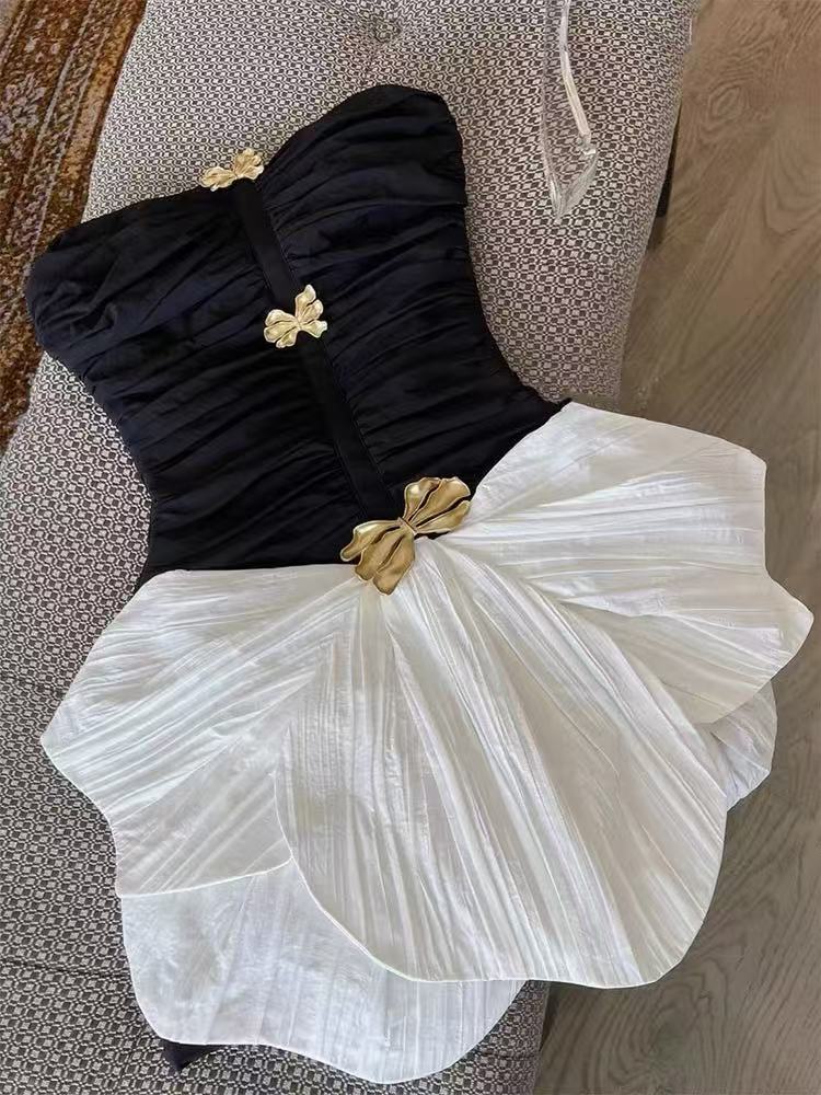 Black White Homecoming Dresses Ruched Strapless Hoco Party Gown, AST1987