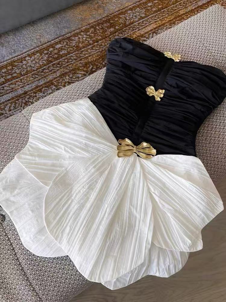 Black White Homecoming Dresses Ruched Strapless Hoco Party Gown, AST1987