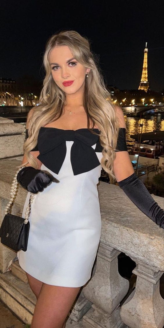 Black White Off The Shoulder Bodycon Homecoming Dresses Bowknot Graduation Dress,AST1912