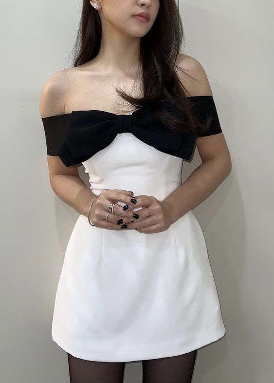 Black White Off The Shoulder Bodycon Homecoming Dresses Bowknot Graduation Dress,AST1912