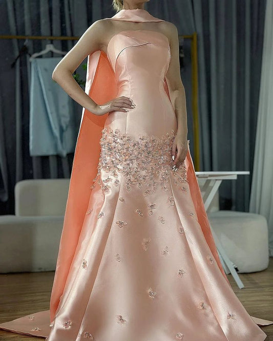 Blush Pink Floral Mermaid Satin Prom Dresses Long Party Dress,AST2158