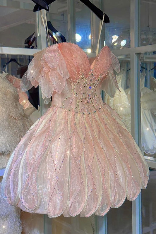Blush Pink Organza Beaded Homecoming Dresses V-Neck Mini Hoco Party Dress,AST1968