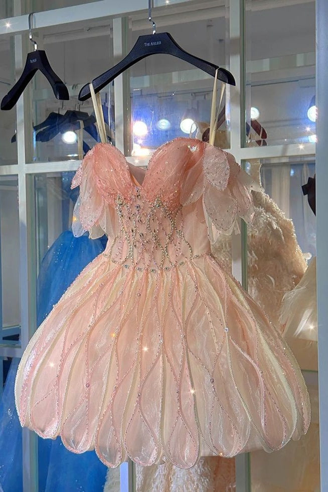 Blush Pink Organza Beaded Homecoming Dresses V-Neck Mini Hoco Party Dress,AST1968