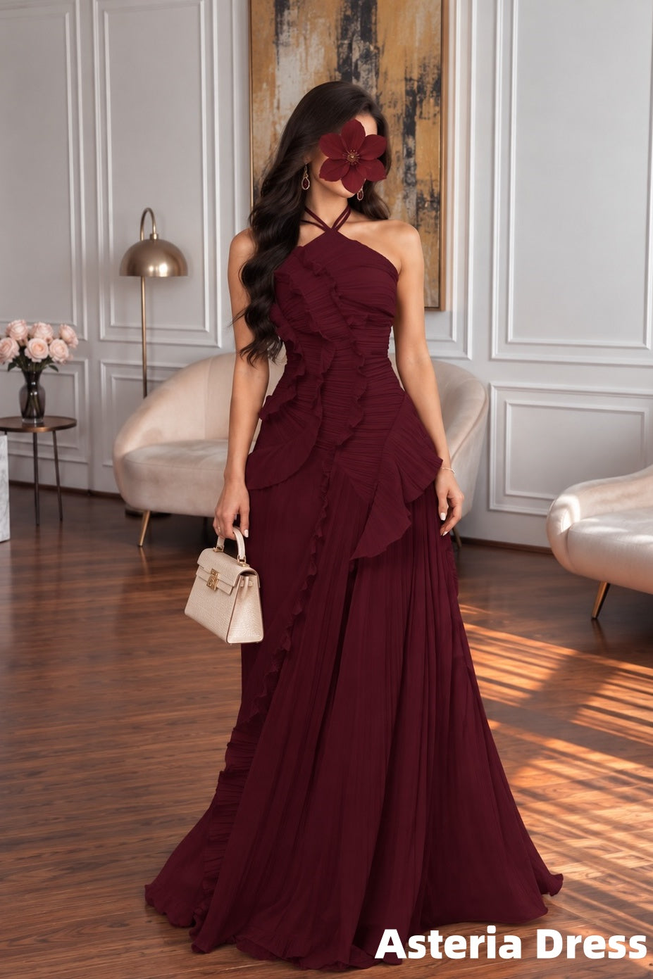 Burgundy Halter Chiffon Pleated Ruffles Prom Dresses