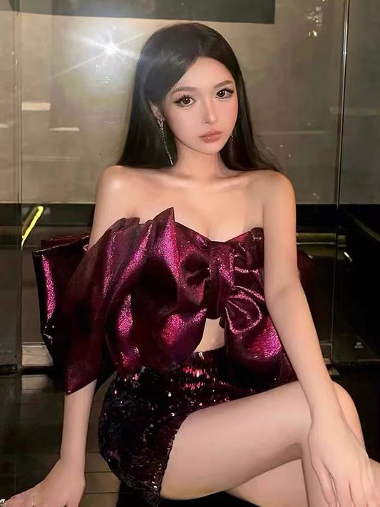 Burgundy Sequin Homecoming Dresses Bowknot Shoulders Party Dress,AST2001