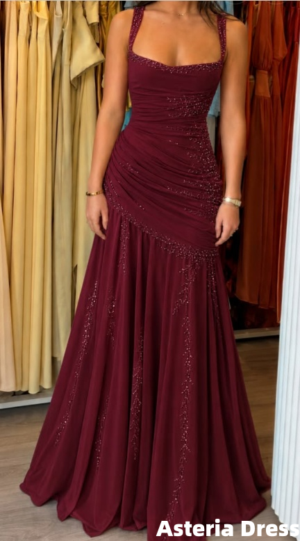 Burgundy Straps Pleated Beaded Chiffon Party Dresses