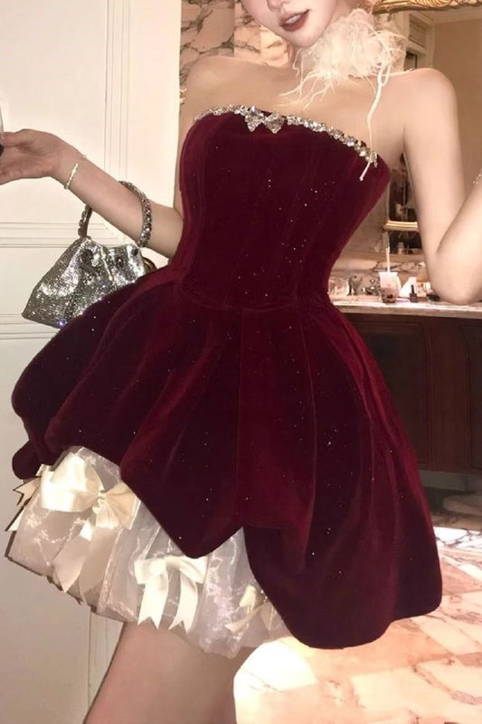 Burgundy Velvet Homecoming Dresses Beaded Sleeveless Dance Dress,AST1859