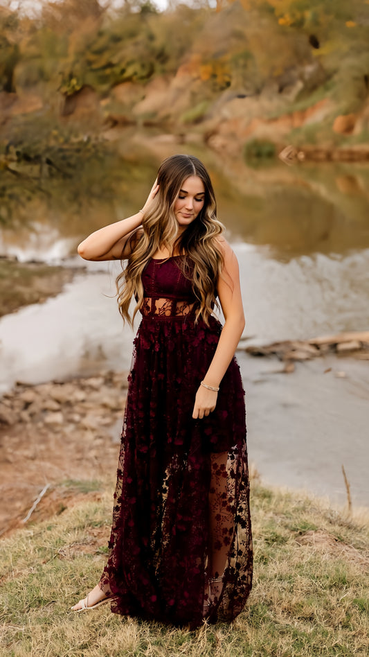 Burgundy Lace Evening Formal Prom Gown, Long Party Dress, AST1537