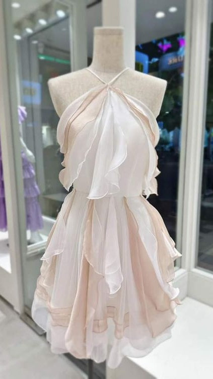 Champagne Halter Chiffon Ruffle Cocktail Homecoming Party Dresses,AST1 Asteria Champagne Halter Chiffon Ruffle Cocktail Homecoming Party Dresses,AST1 Asteria