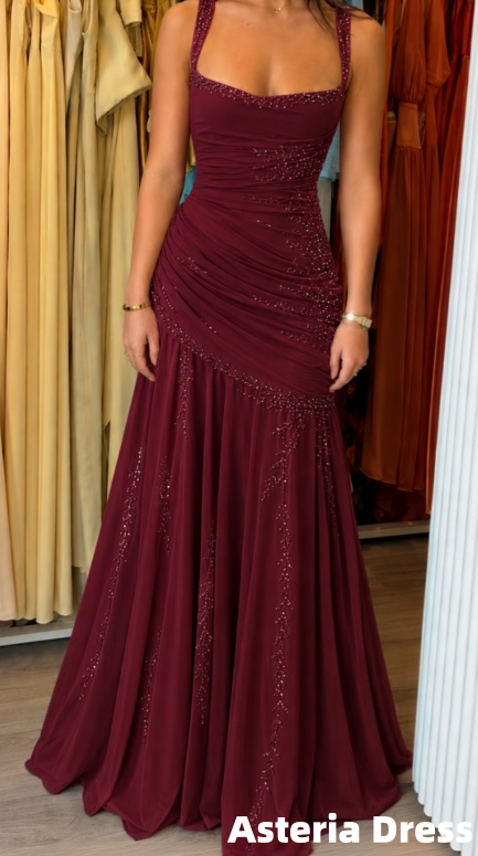 Charming Burgundy Chiffon Beaded Long Prom Dresses