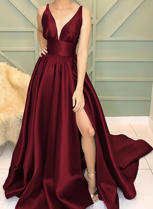 Cheap Prom Dresses, Deep V-Neck Evening Dresses, Satin Prom Dress With Slit,AST2162