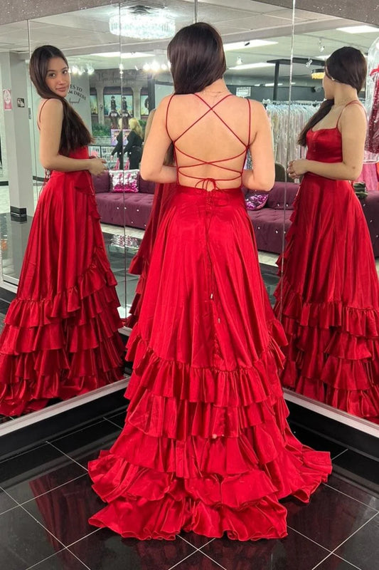 Chic A-line Ruffle Prom Dresses Long Birthday Party Dress With Slit,AST2085