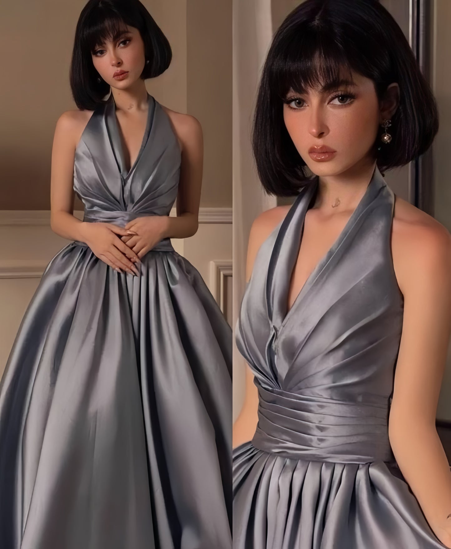 Chic V-Neck Halter Party Dress, Silver Grey Evening Ball Gown,AST1708