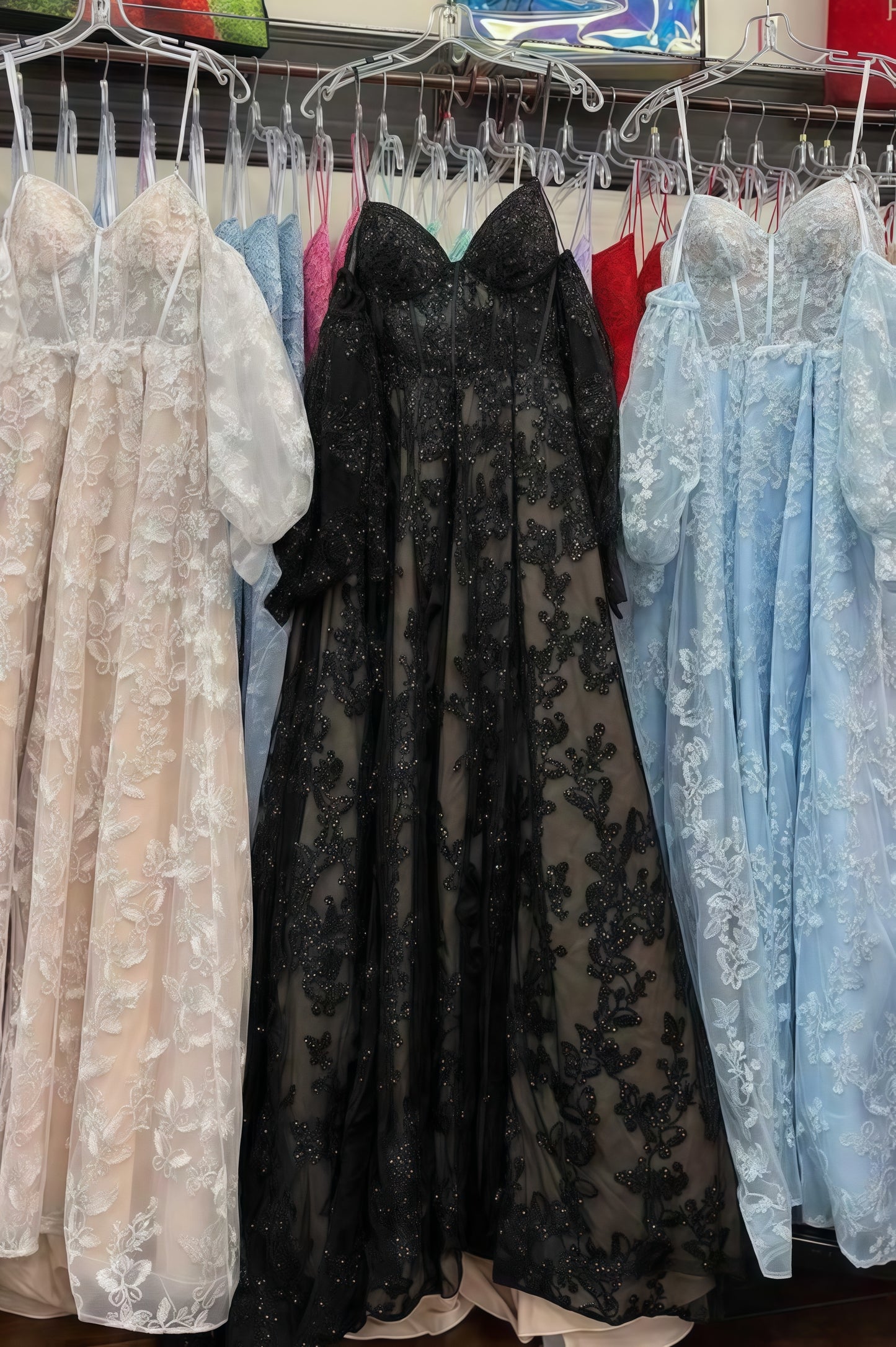 Chic Lilac A-Line Split Prom Dress, Bubble Sleeves Lace Prom Gala Dress,AST1636