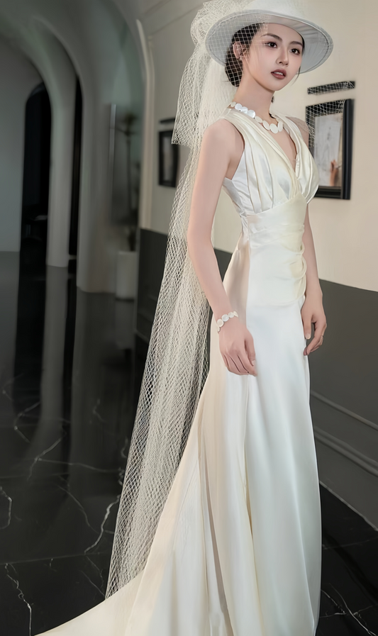 Classic Ivory Satin Wedding Dress, Modern V-neck Wedding Gown, AST1751