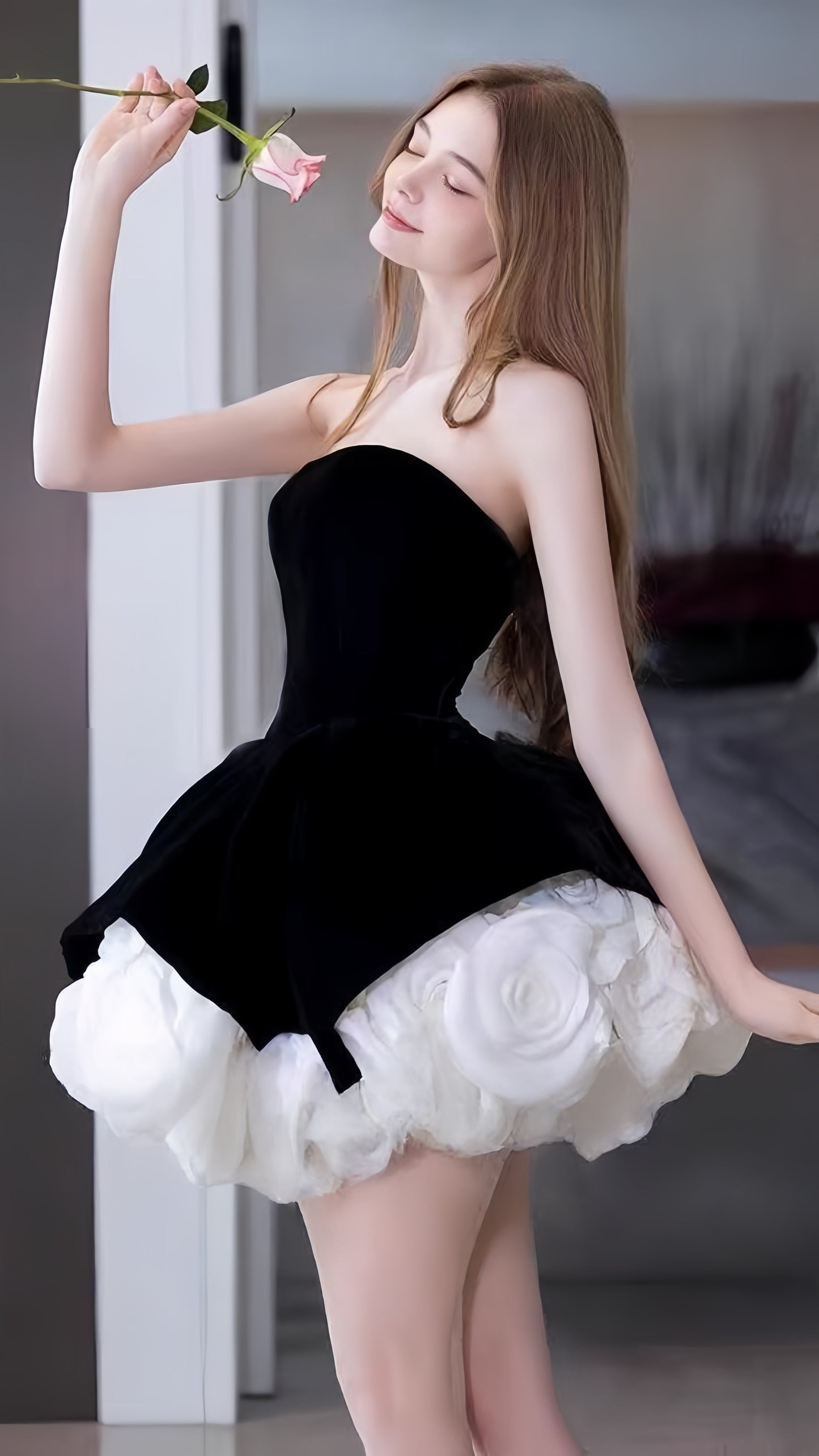 Classy Black Strapless Rose Flowers Homecoming Dresses A-line Party Dress, AST1988
