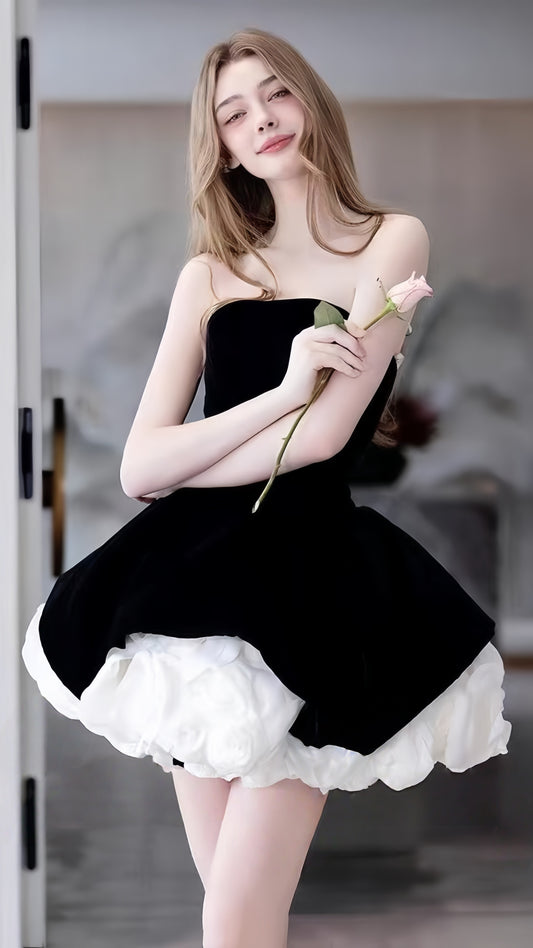 Classy Black Strapless Rose Flowers Homecoming Dresses A-line Party Dress, AST1988