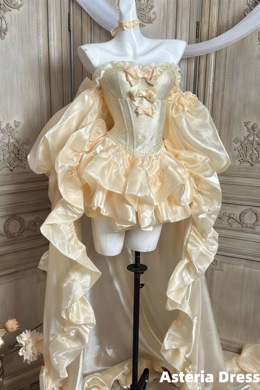 Cream Yellow Y2k Party Dresses Ruffles Hi-Lo Homecoming Dress