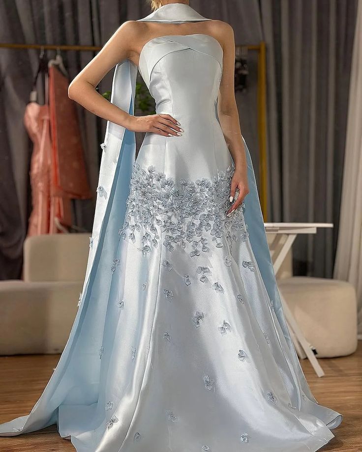 Cute Light Blue Floral Mermaid Prom Dresses Long Formal Party Dress,AST2106