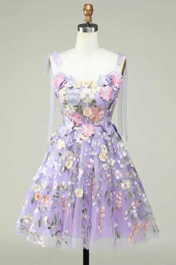 Cute Lavender Floral Mini Homecoming Dress, AST1004