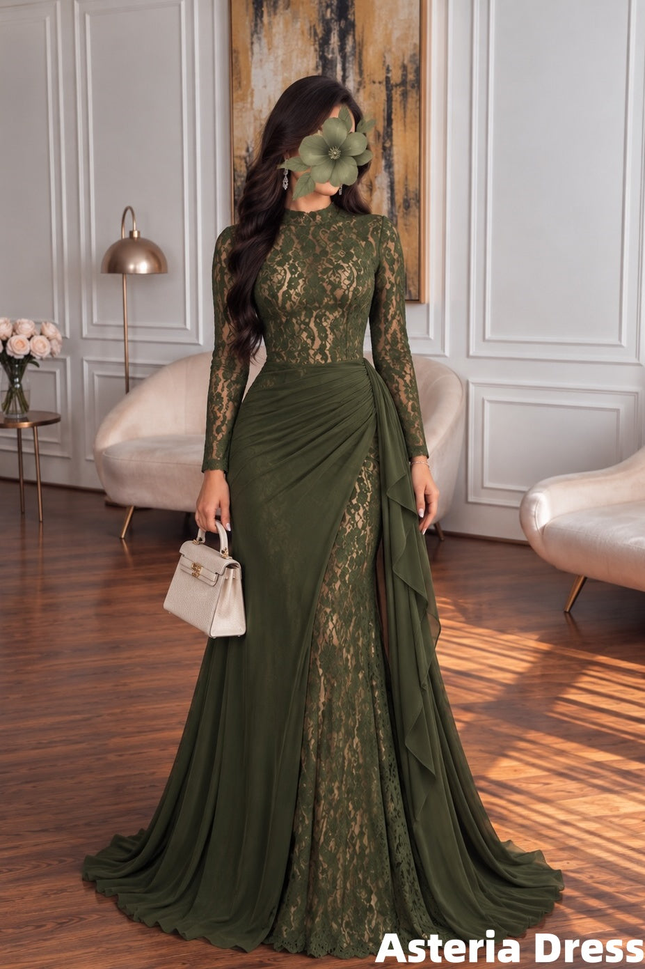 Dark Green Long Sleeves Lace Chiffon Ruffles Evening Prom Dress