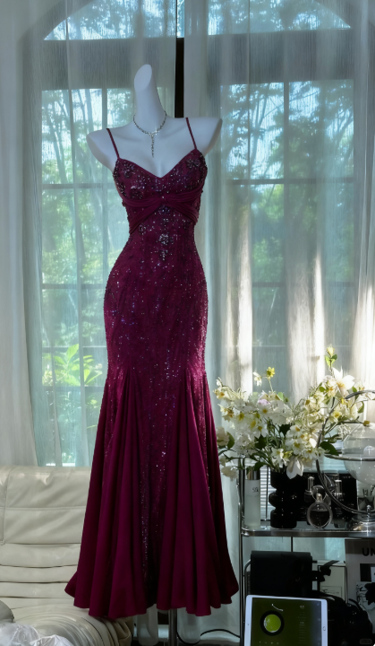 Burgundy Long Evening Dress Mermaid Long Prom Dress