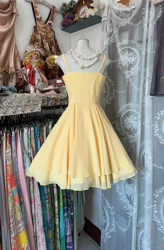 Vintage Yellow Spaghetti Straps A-Line Chiffon Short Birthday Party Dress